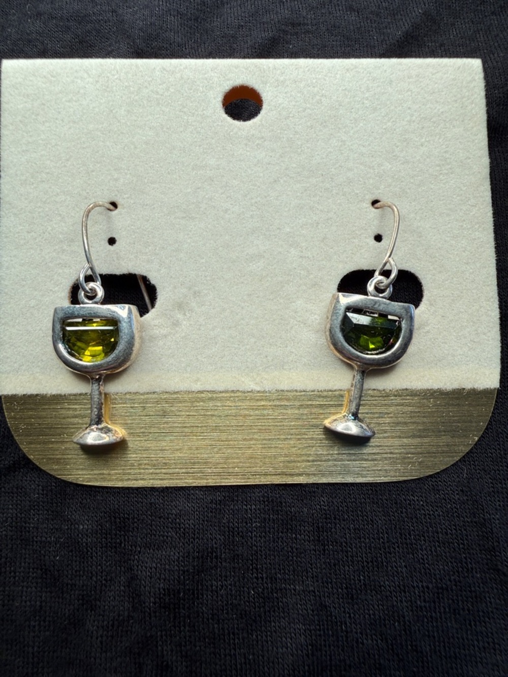 Silver Wine Glass Dangle Earrings with Olive Green Gem Accents NWT